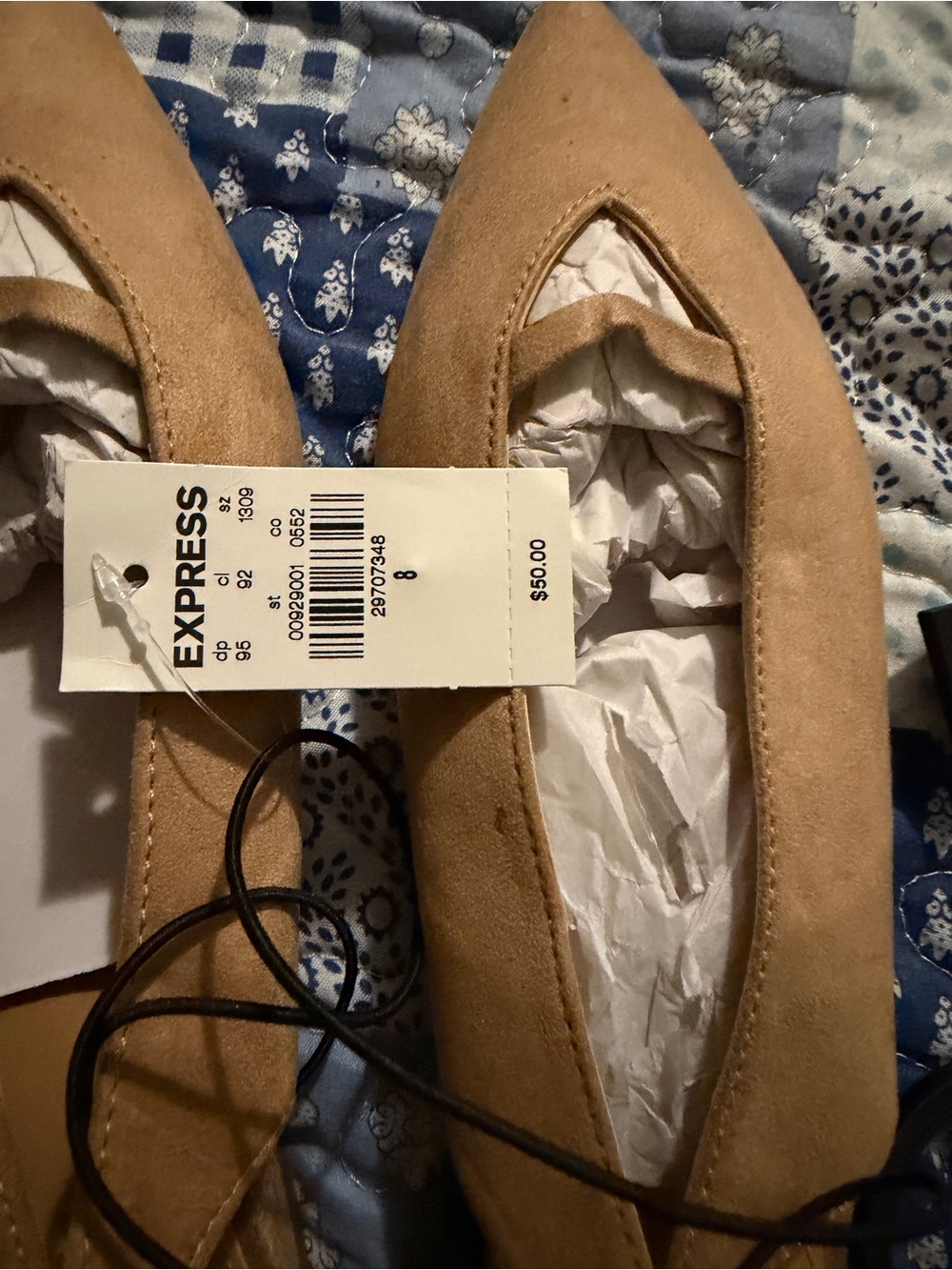 Express Tan Pointed Toe Lace-Up Flats